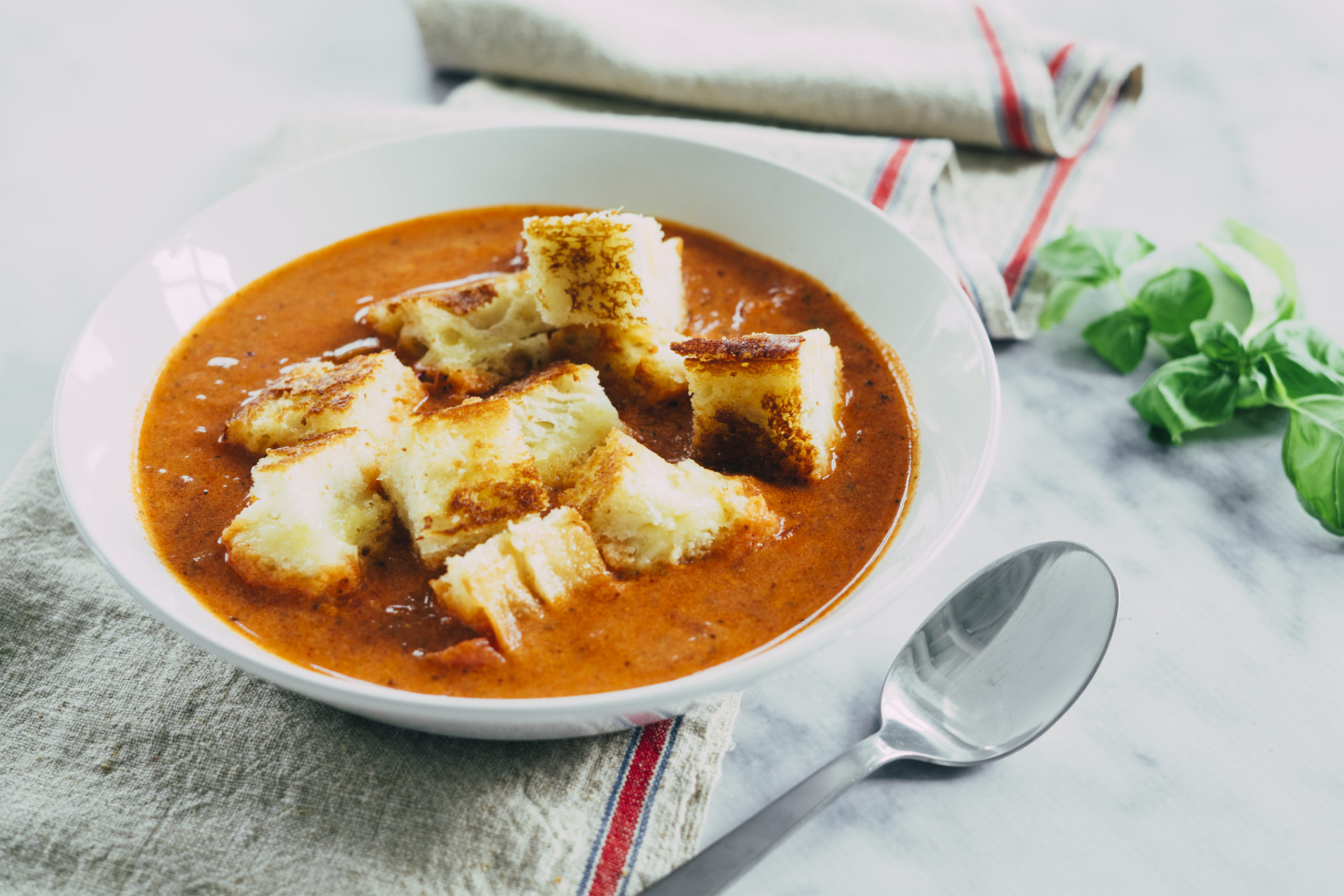 Creamy Tomato Soup with Grilled-Cheese Croutons