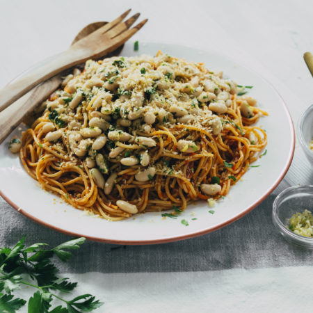 Image of Herbed White Bean and Anchovy Spaghetti with Garlic Breadcrumbs Recipe