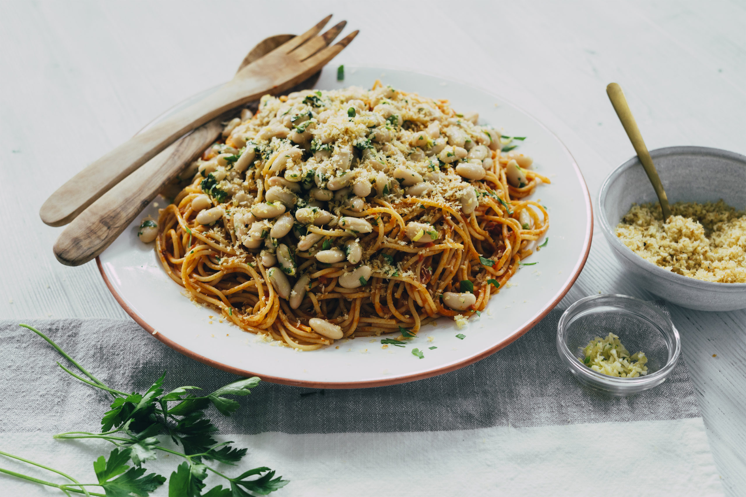 Herbed White Bean and Anchovy Spaghetti with Garlic Breadcrumbs Recipe