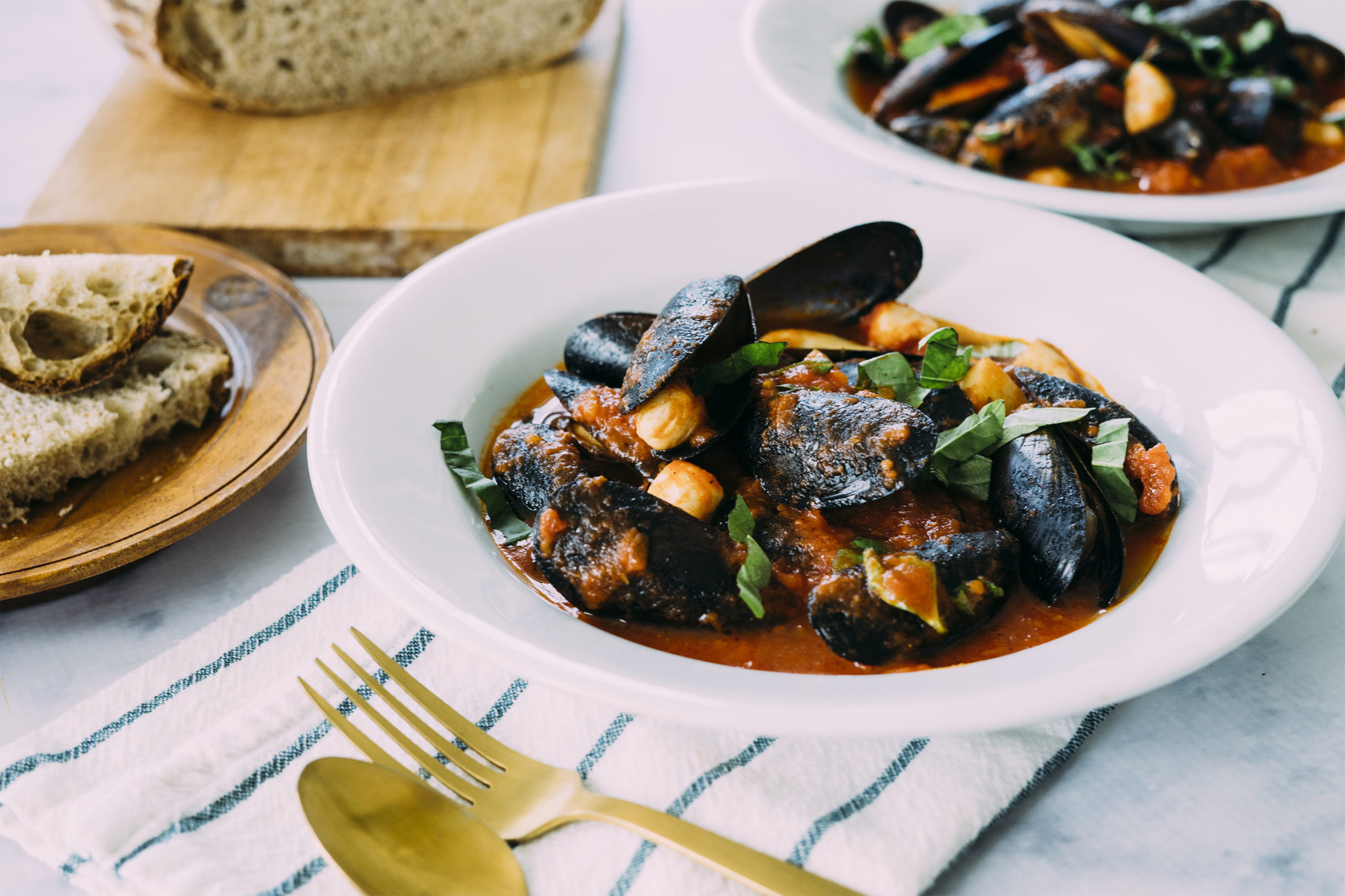 Scallops, Mussels and Potatoes in Tomato Broth Recipe