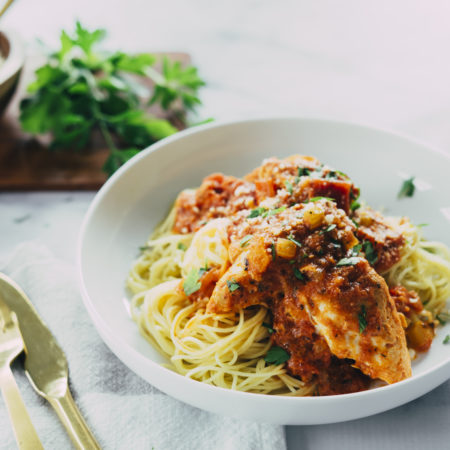 Image of Slow-Cooker Vodka-Sauce Chicken with Angel Hair Pasta Recipe