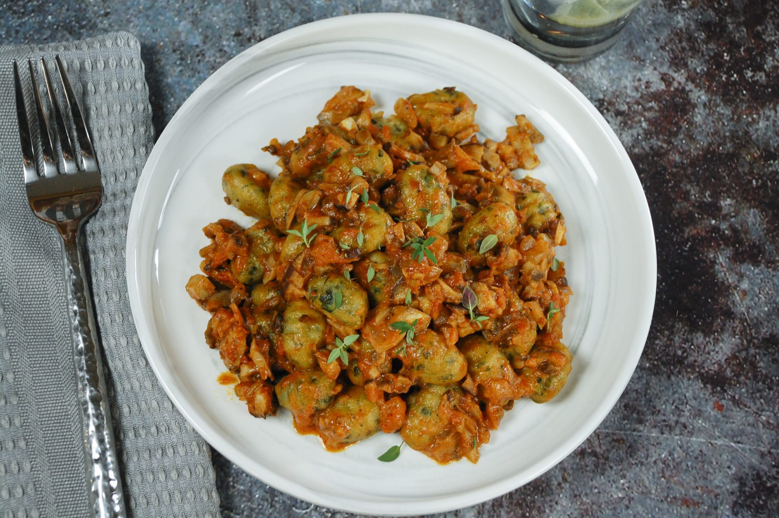 Cauliflower Spinach Gnocchi with Mushroom Bolognese
